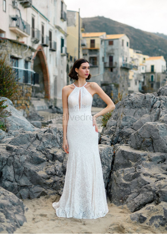 High Neck Ivory Lace Cutout Wedding Dress
